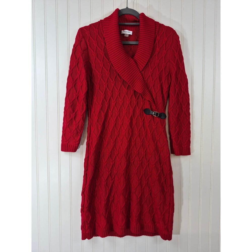 Calvin Klein Red Cable Knit Sweater Dress Shawl Collar Buckle Detail Large